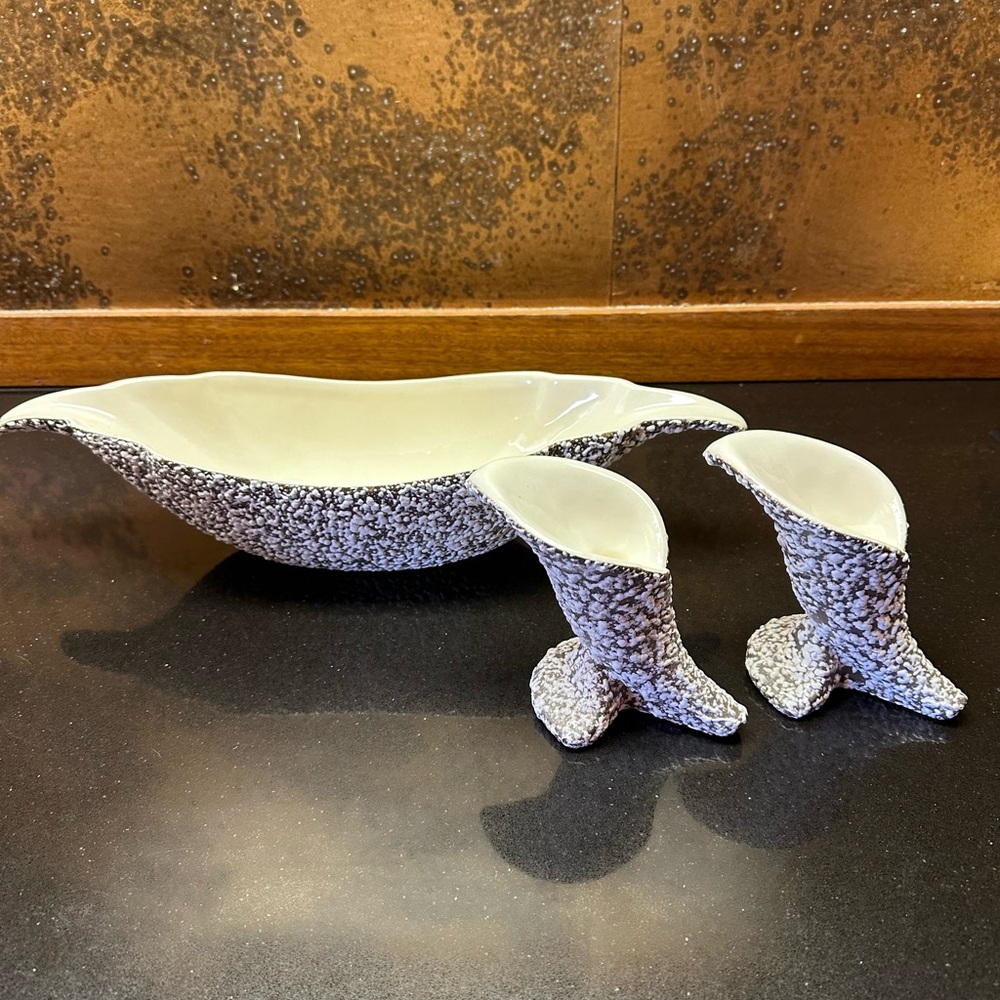 Royal Haegar White Stone Lace Lava Console Bowl And Candle Holders 3 Piece Set